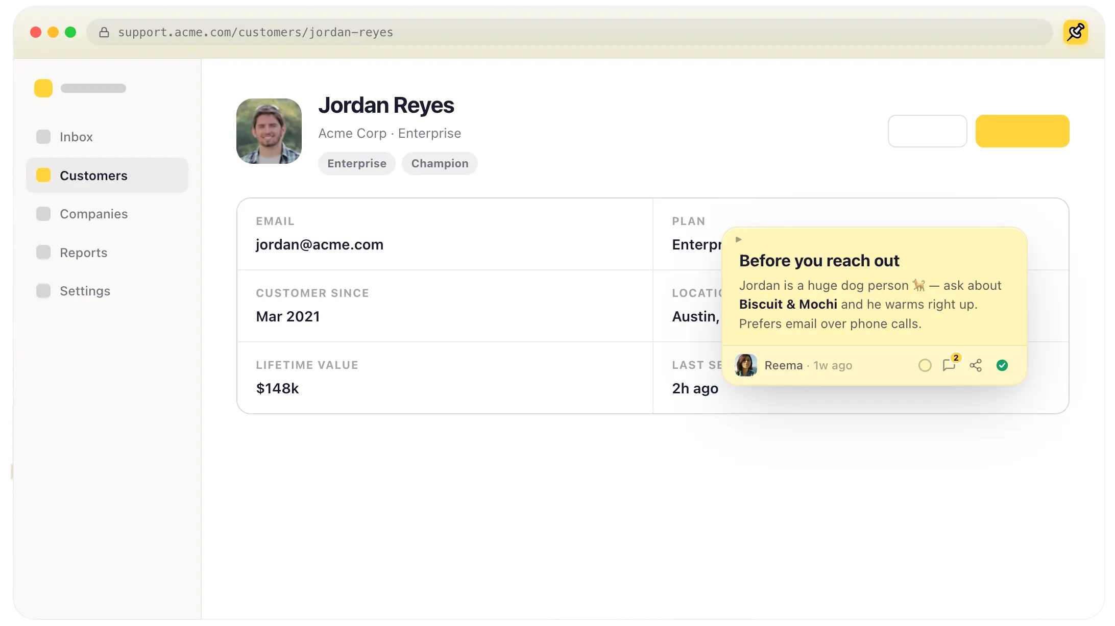 A Tackt sticky note pinned to a real web app